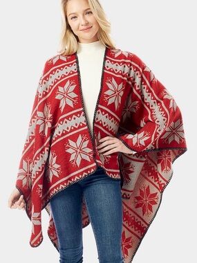 Red Fair Isle Open-Front Poncho Cardigan